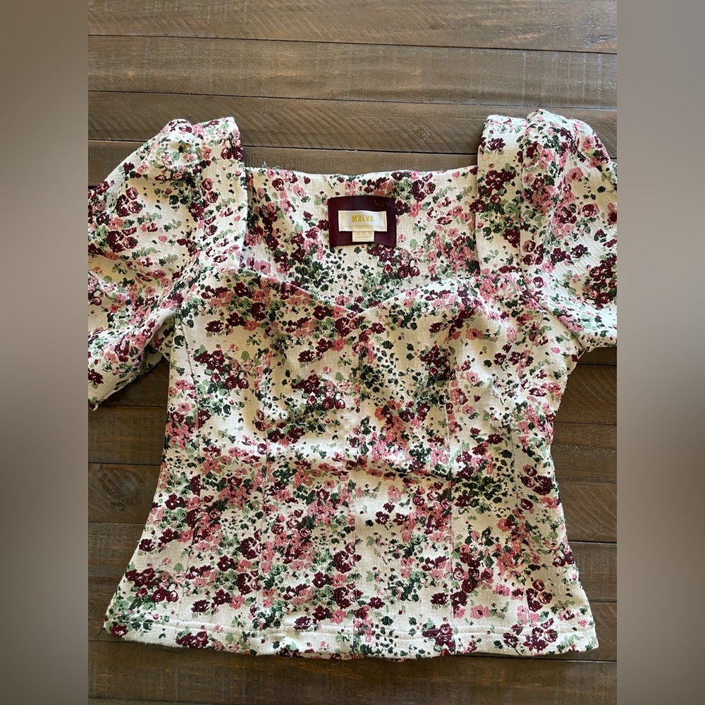 Maeve Anthropologie Ivory Floral Tapestry Blouse Puff Sleeve Sweetheart Sz 12